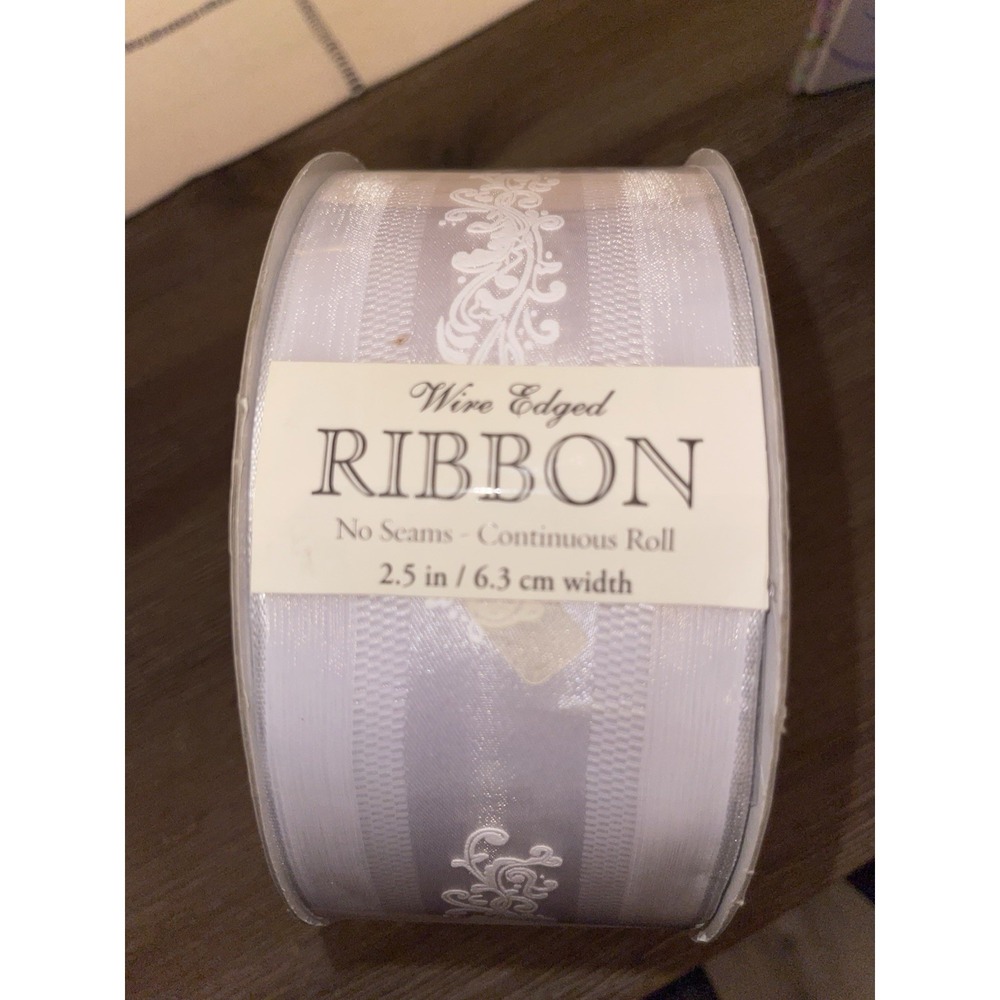 Kirkland Wire-Edged White Bridal‎ Ribbon 2.5" Baroque Filigree Sheer Satin 50 YD